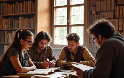 Scholars in a historic library in Seville, engaged in lifelong learning