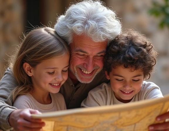 A multi-generational family sharing a story during a heritage travel retreat in Andalusia