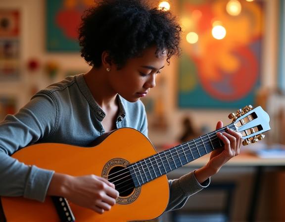 A person learning to play Spanish guitar in a creative workshop