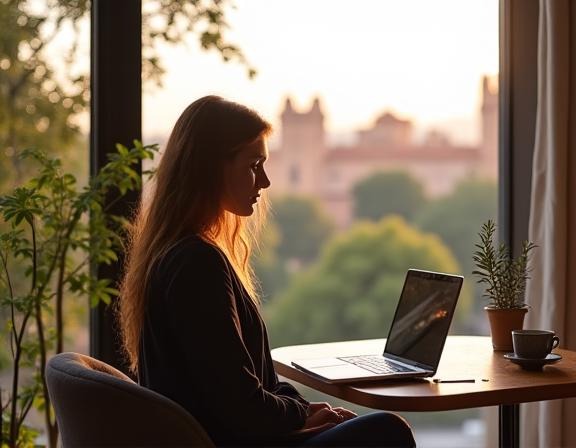 A remote worker on a laptop in a beautiful co-working space with a view of Seville