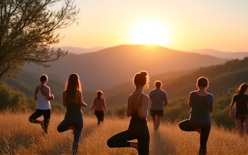 A group participating in a yoga workshop in a serene Andalusian landscape